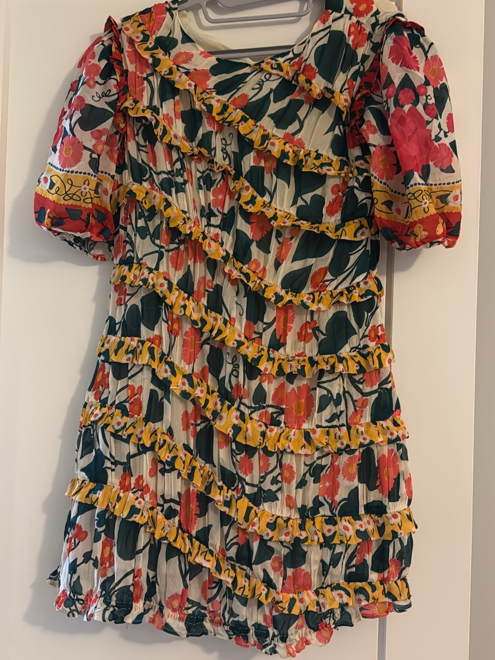 FARM Rio Floral Ruffle Mini Dress in reddish orange, Yellow & Green